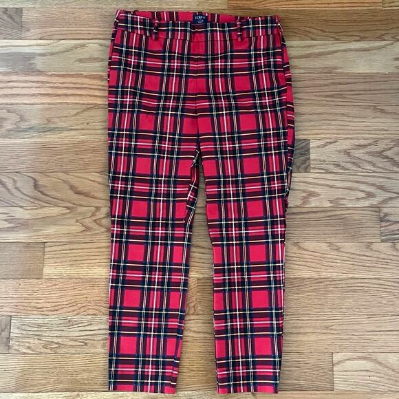 J Crew Factory Winnie Tartan Plaid Pants Women 8 Red Black Ankle Preppy Academia - Picture 1 of 8